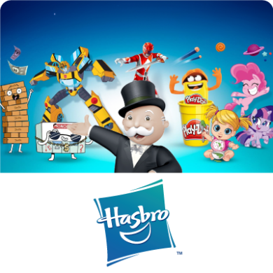 Logotipos desenhados e animados da marca hasbro como playdoh, jenga, nerf, , my litttle pone e outros